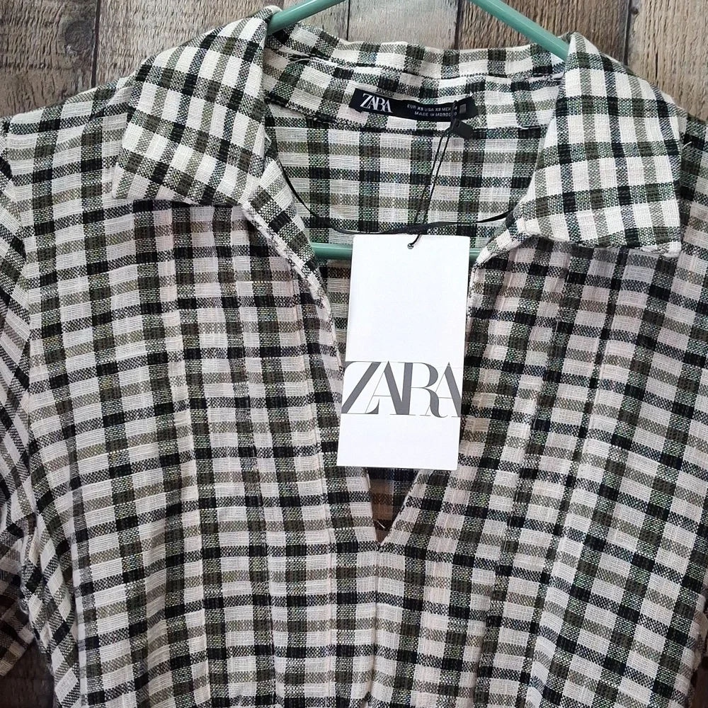 Zara Black & Cream Checked Mini Shirt Dress with Waist Belt Size XS NWT